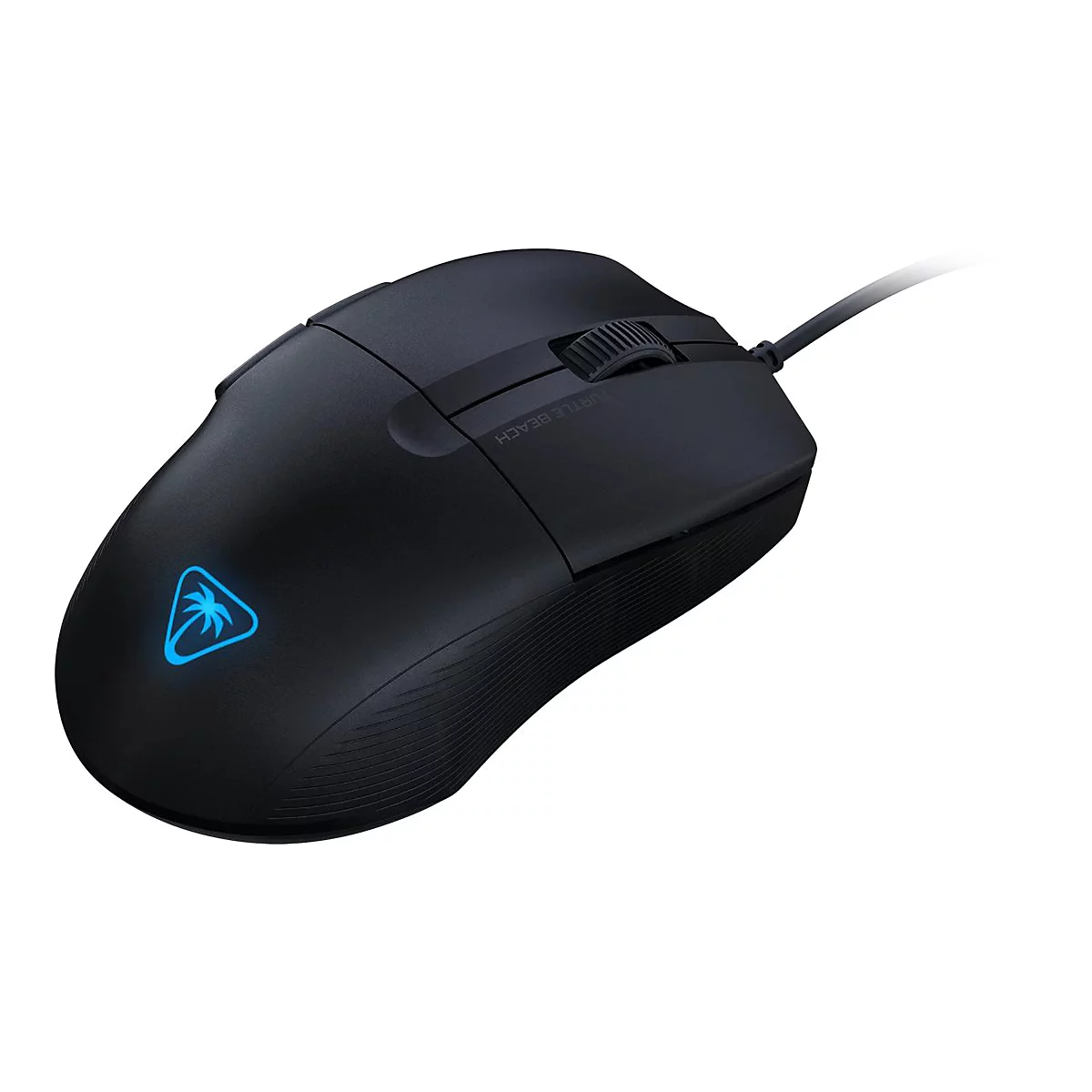 Souris de jeu noire avec logo bleu et câble sur fond blanc.