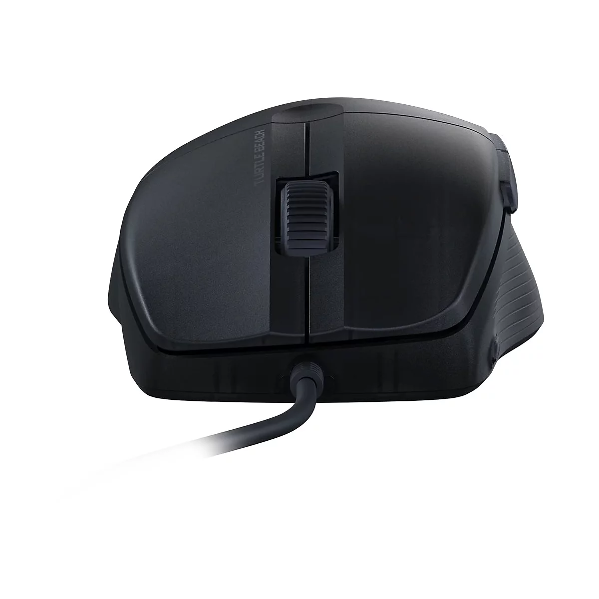 Souris de jeu noire, câble vers le bas, molette de défilement, logo.