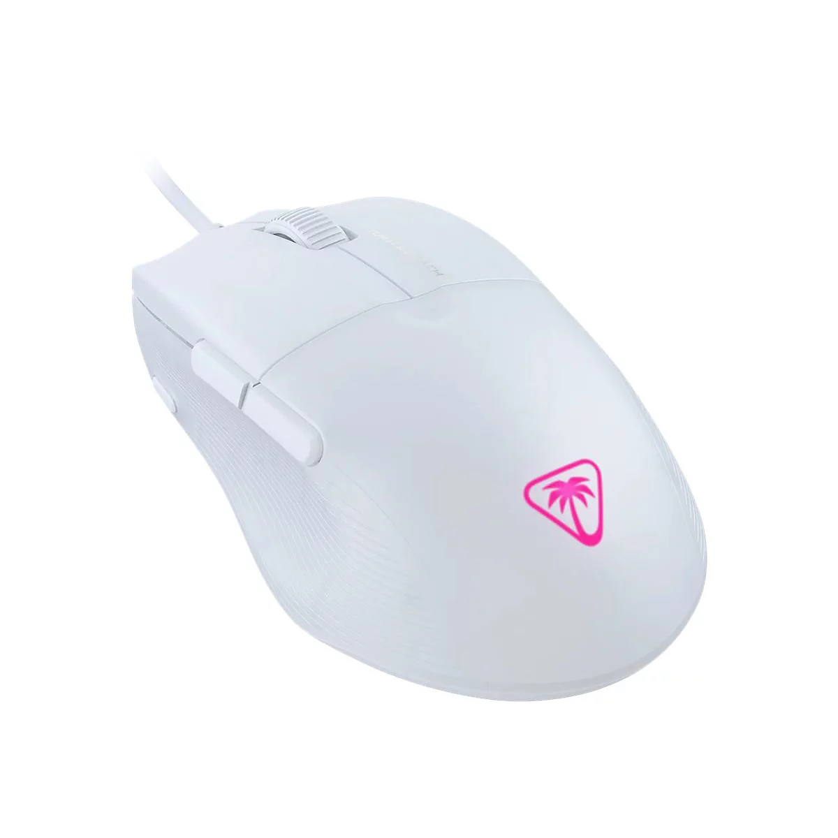 Souris de jeu blanche avec logo rose et câble. Il y a une molette de défilement en haut.