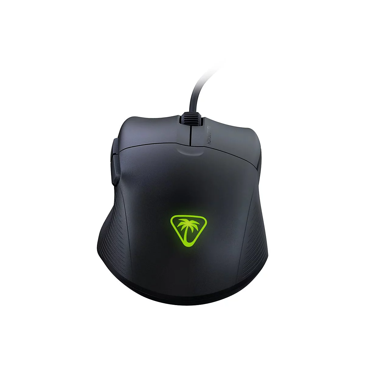 Schwarze Gaming-Maus mit grün leuchtendem Logo, Kabelanschluss.