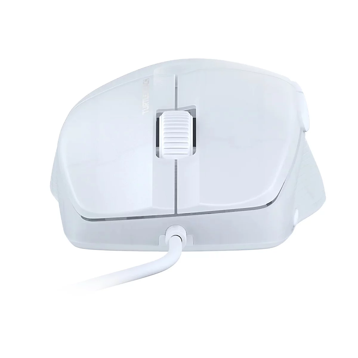 Weisse Maus mit Kabel, von oben fotografiert. Rolle, Seitentasten und Logo sind sichtbar.