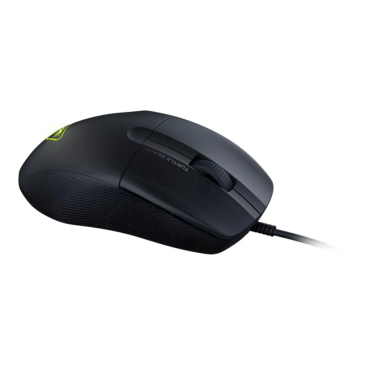 Schwarze Gaming-Maus mit Schriftzug "Turtle Beach" und leuchtendem Logo. Kabelgebunden, auf weißem Hintergrund.