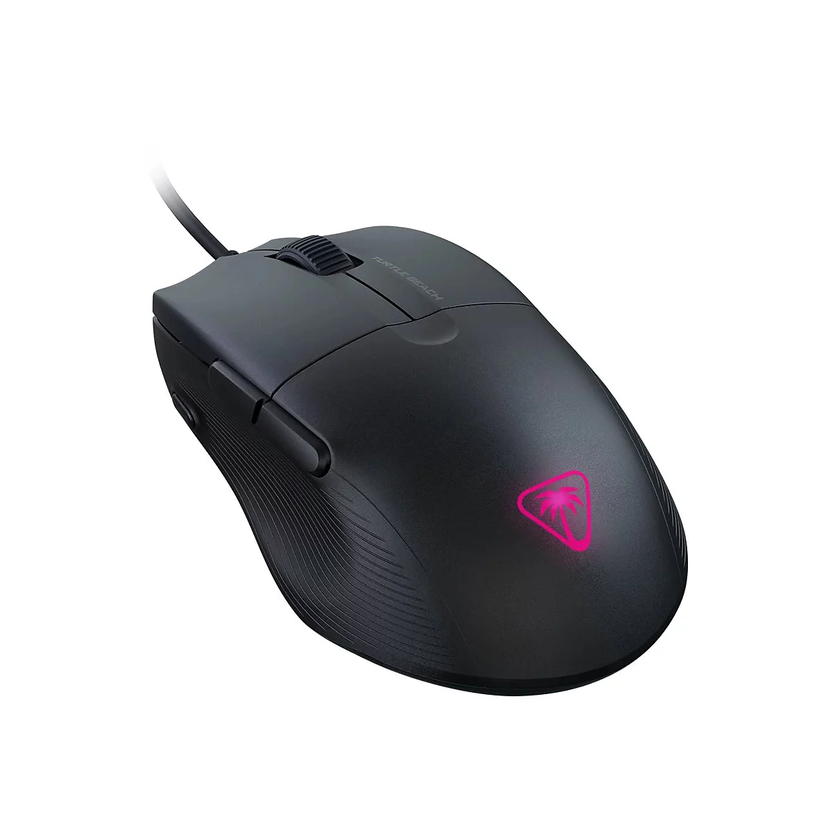 Schwarze Gaming-Maus mit pinkfarbenem Logo und Kabel. Auf der Maus steht "Turtle Beach".