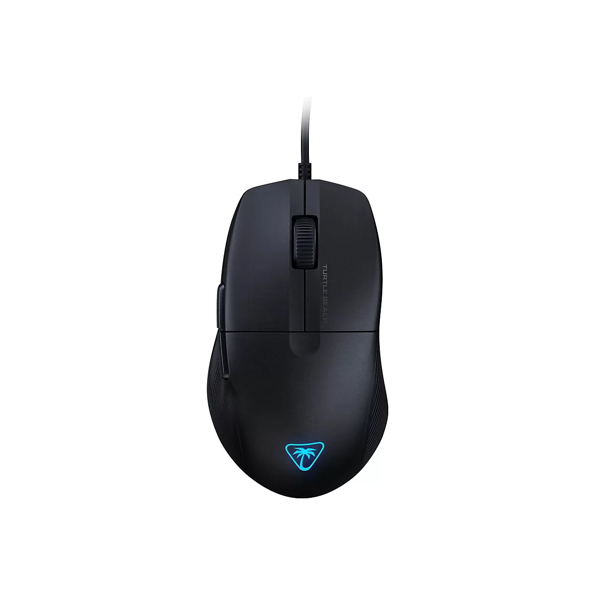 Schwarze Gaming-Maus mit Kabel. Scrollrad und Logo. Schriftzug: Turtle Beach.