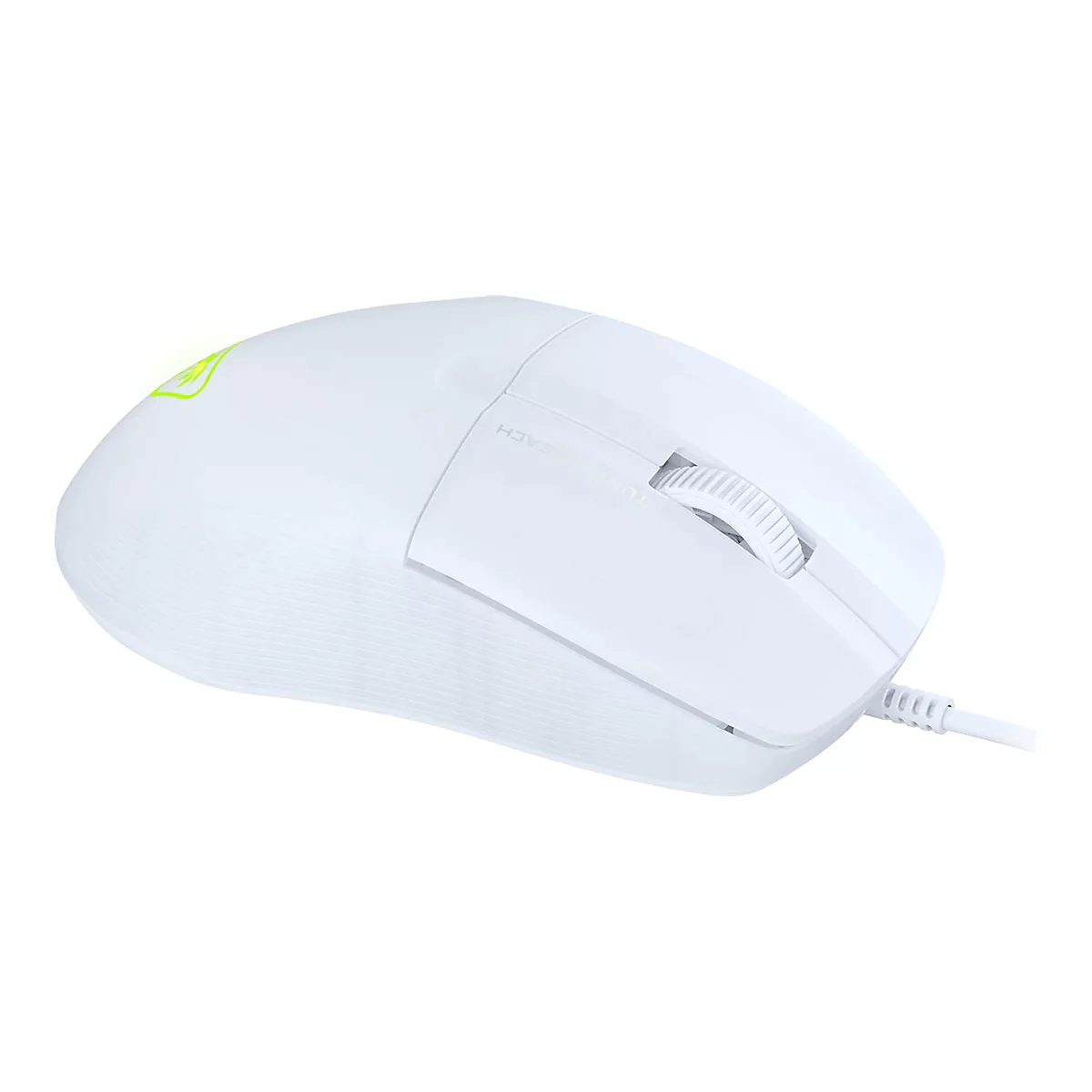 Souris de jeu blanche avec câble, vue détaillée. Sur le dessus, une molette de défilement et un logo.