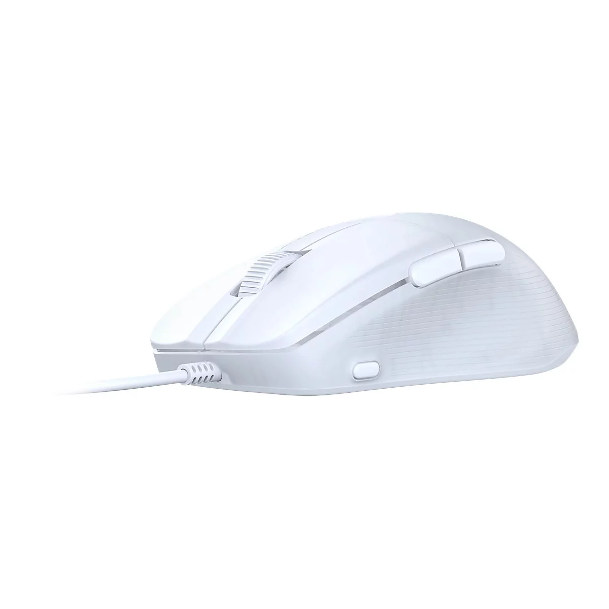 Souris d'ordinateur blanche, vue latérale, sur fond blanc. Câble connecté.