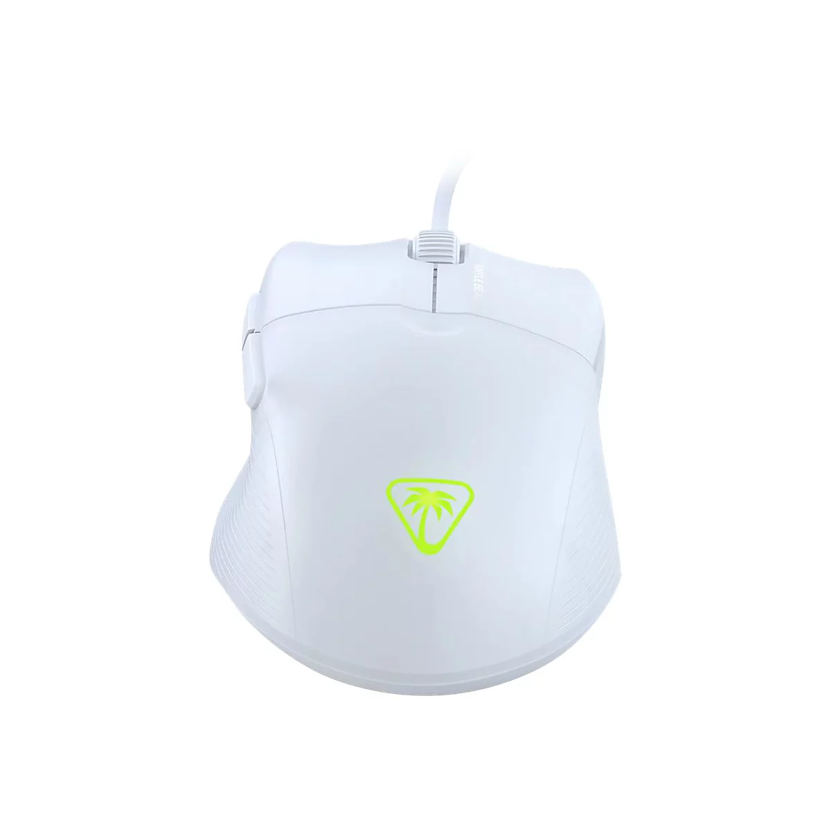 Souris de jeu blanche avec logo jaune et câble. La souris est présentée sur un fond blanc.