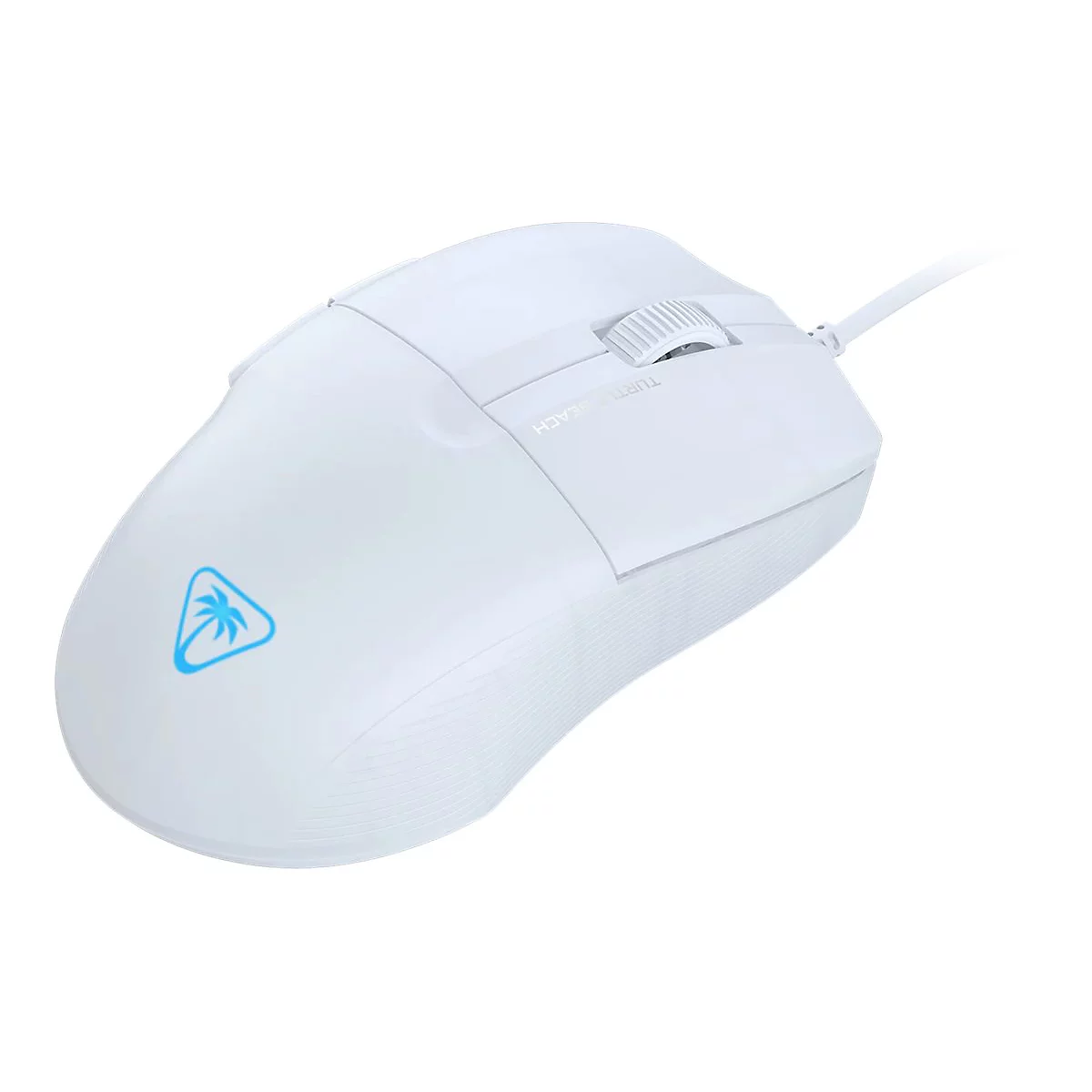 Souris d'ordinateur blanche avec câble, molette de défilement et logo de l'entreprise sur fond blanc.