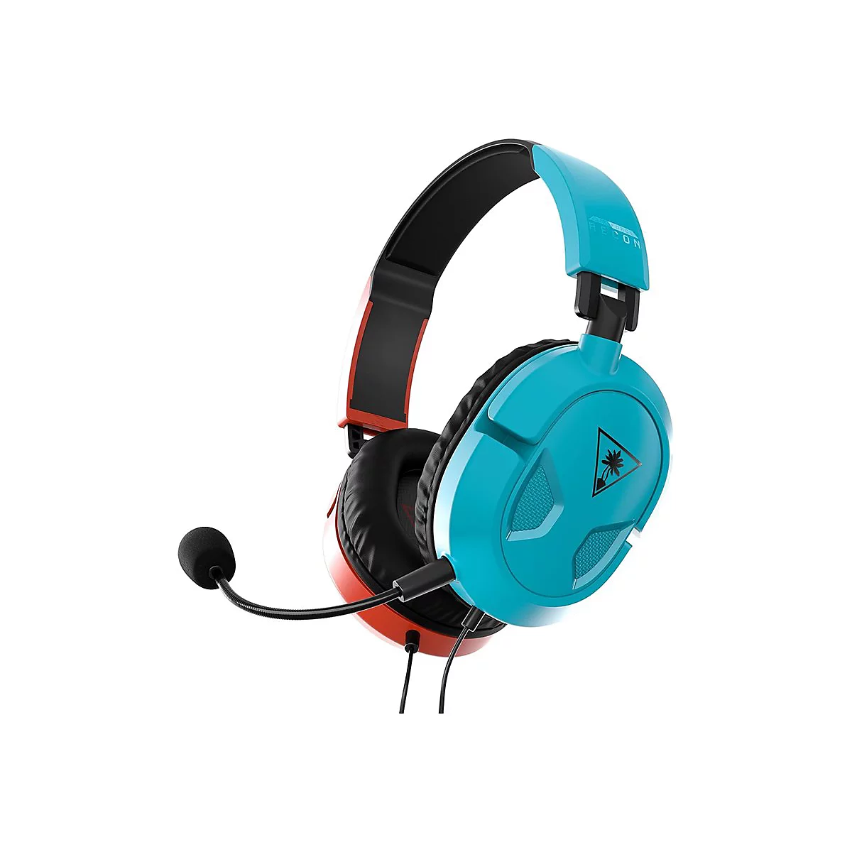 Blau-oranges Gaming-Headset auf weißem Hintergrund. Mit Mikrofon und Markenzeichen.