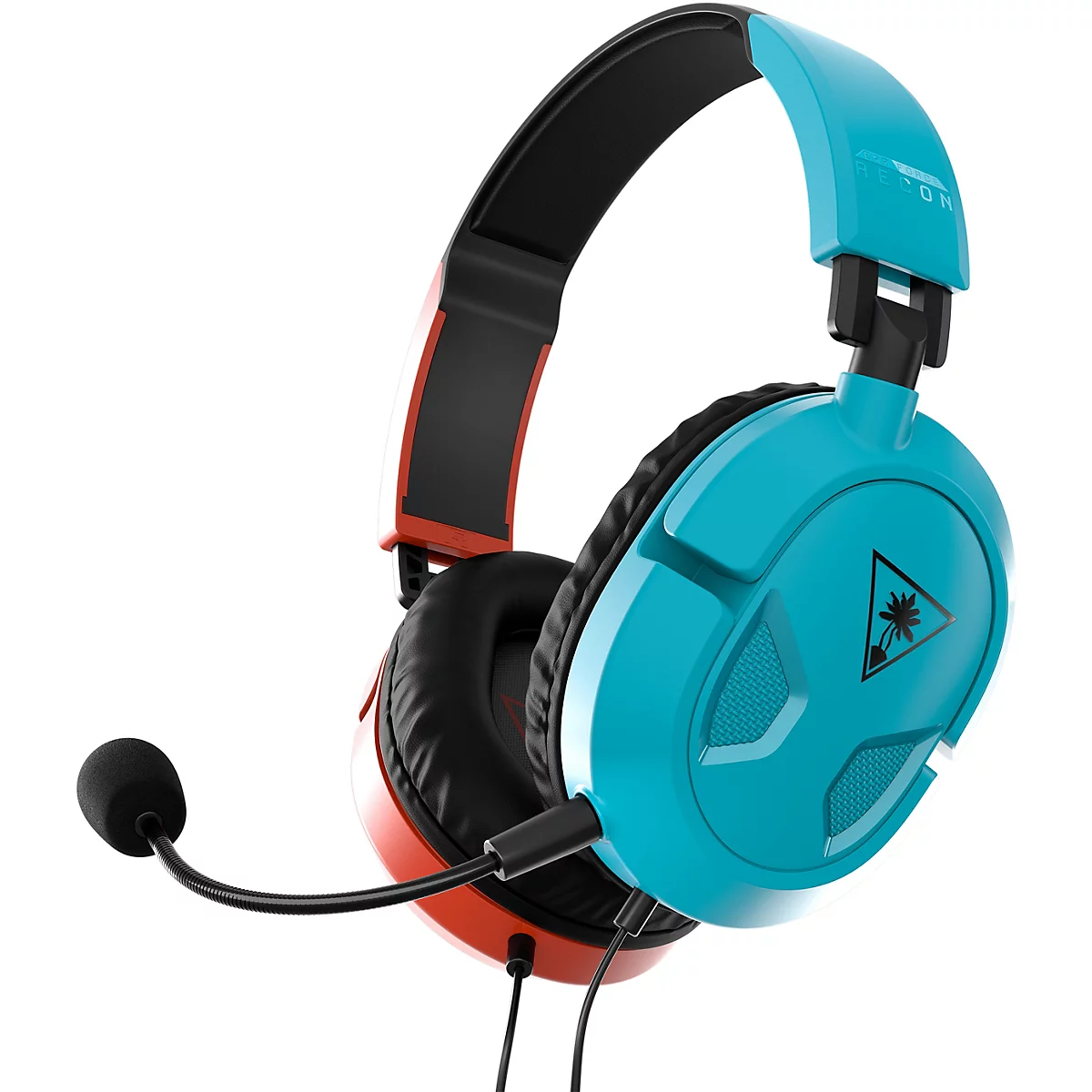 Hellblaues Headset mit Mikrofon und schwarzem Kabel. Auf dem blauen Teil steht "EAR FORCE RECON". Auf den Ohrmuscheln ist das Logo einer Palme zu sehen.