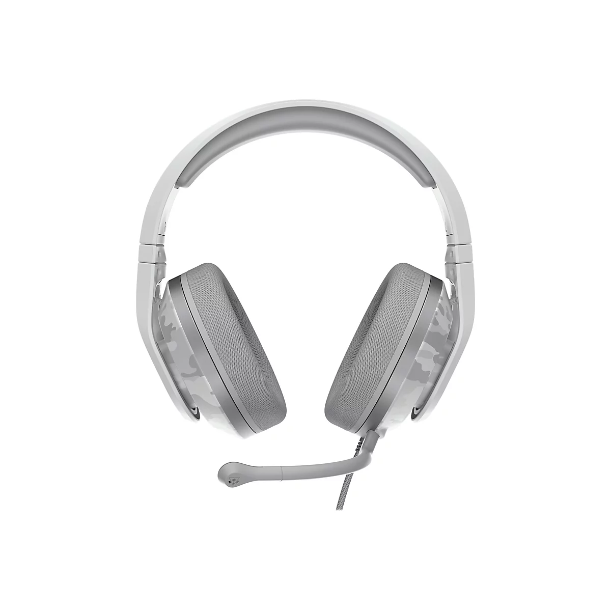 Hellgraues Gaming-Headset mit Camouflage-Details. Mikrofon ist angebracht.