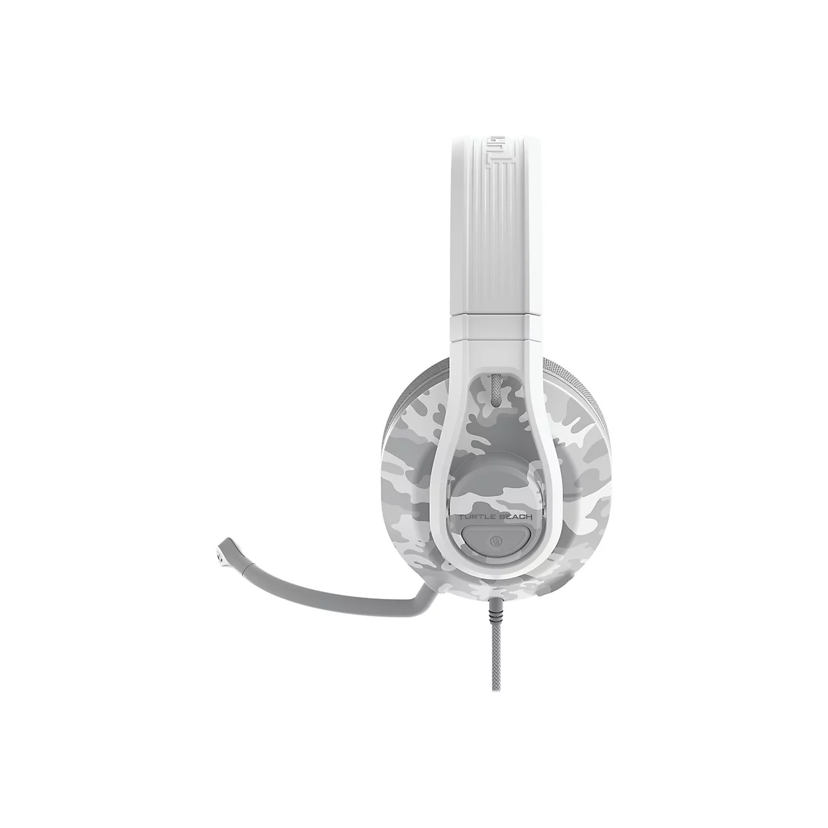 Weiß-graues Headset mit Camouflage-Muster, Mikrofon, Kabel, Herstellerlogo: Turtle Beach.