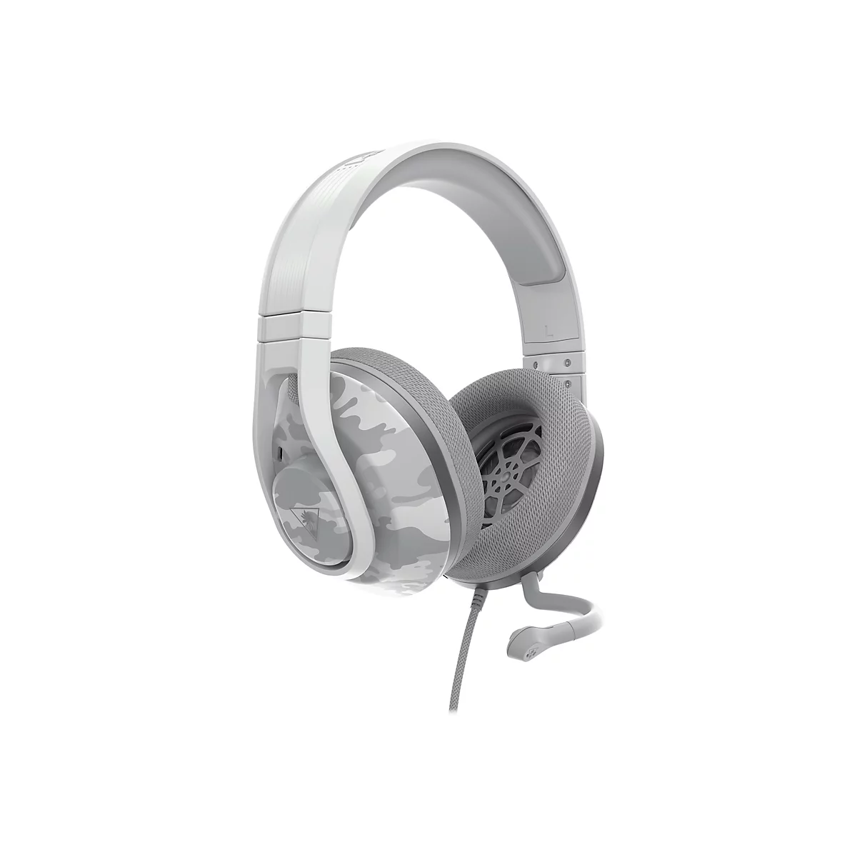 Hellgraues Gaming-Headset mit Camouflage-Muster auf den Ohrmuscheln. Ein Mikrofon ist angebracht.