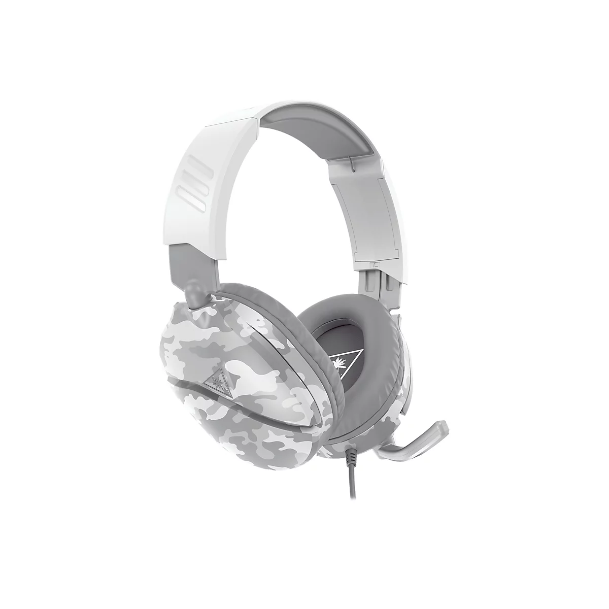 Casque de jeu gris clair avec motif camouflage sur les oreillettes et un microphone.