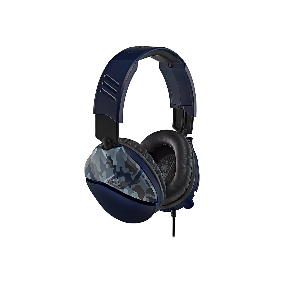 Dunkelblaue Gaming-Kopfhörer mit Tarnmuster auf den Ohrmuscheln, Kabelanschluss.