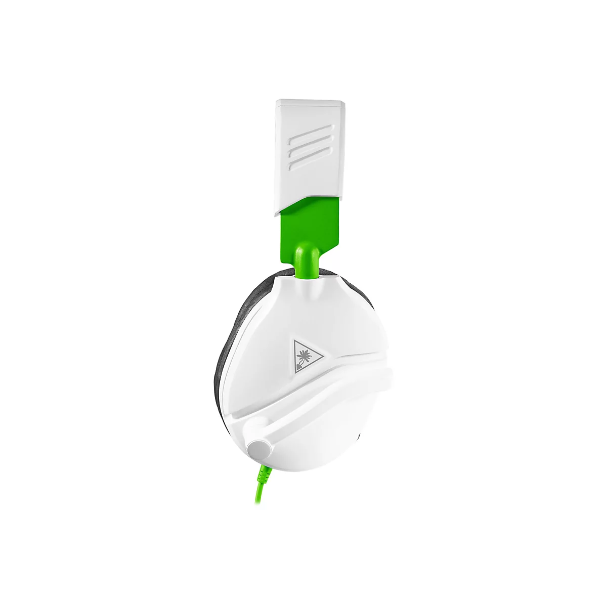 Ein weißes Gaming-Headset mit grünen Akzenten, das von der Seite vor weißem Hintergrund abgebildet ist.