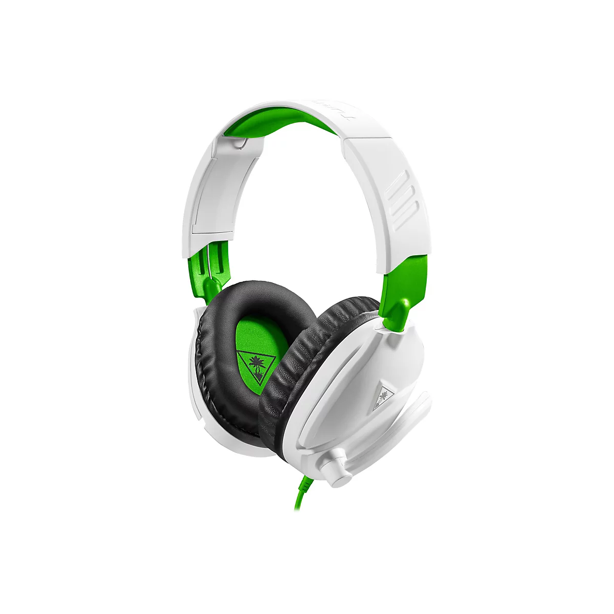 Weißes Headset mit grünen Akzenten, schwarze Ohrpolster. Marke mit Logo auf dem Kopfhörer.