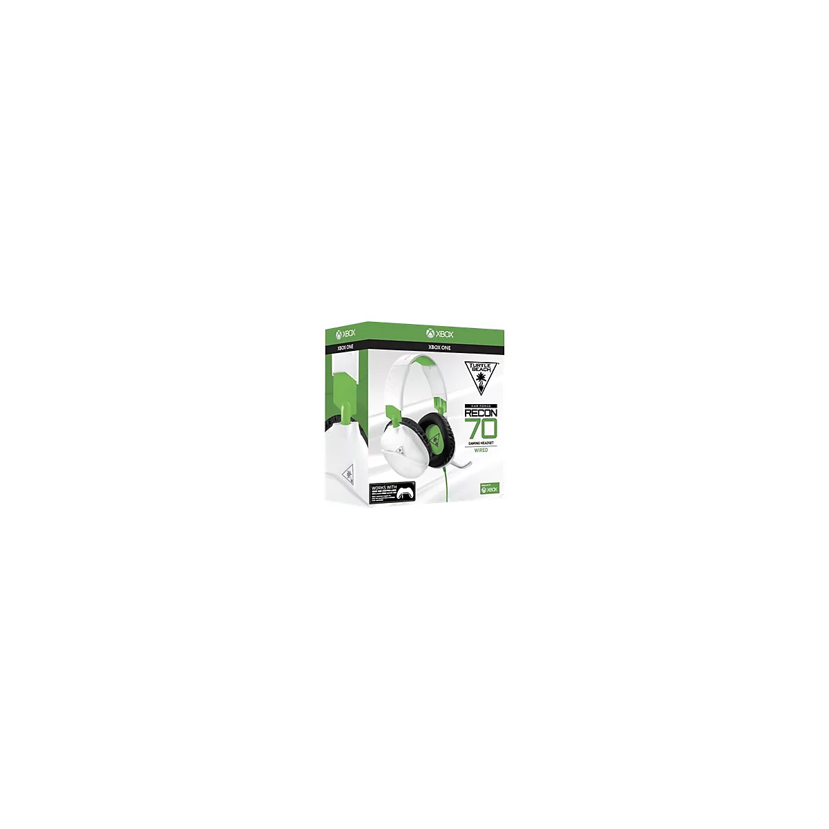 Ein Gaming-Headset auf einer weißen und grünen Verpackung mit Text wie "XBOX ONE" und "Turtle Beach".