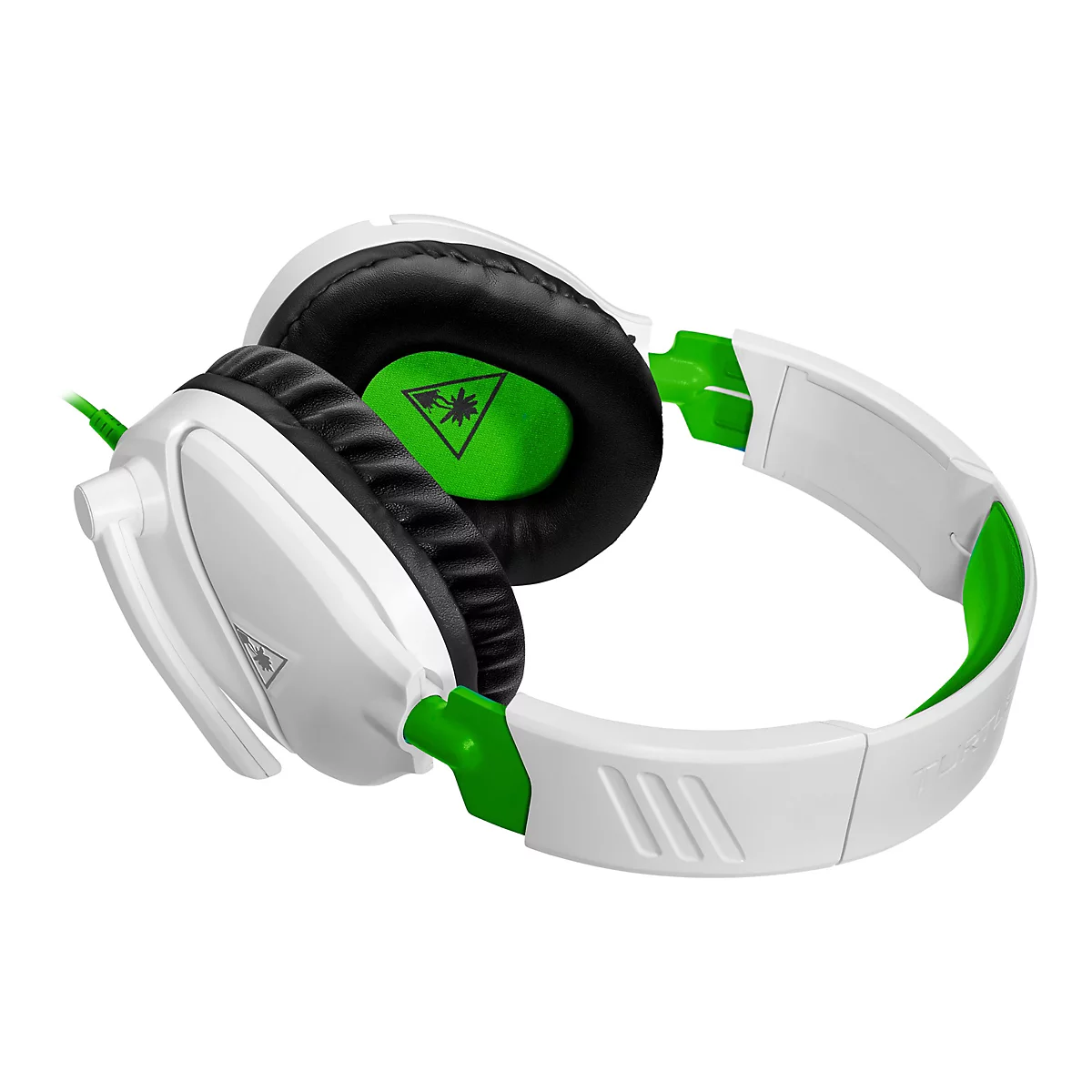 Weißes Headset mit schwarzen Ohrmuscheln und grünem Innenleben. Grün-weißes Kopfband, Kabel. Das Logo ist auf den Ohrmuscheln.