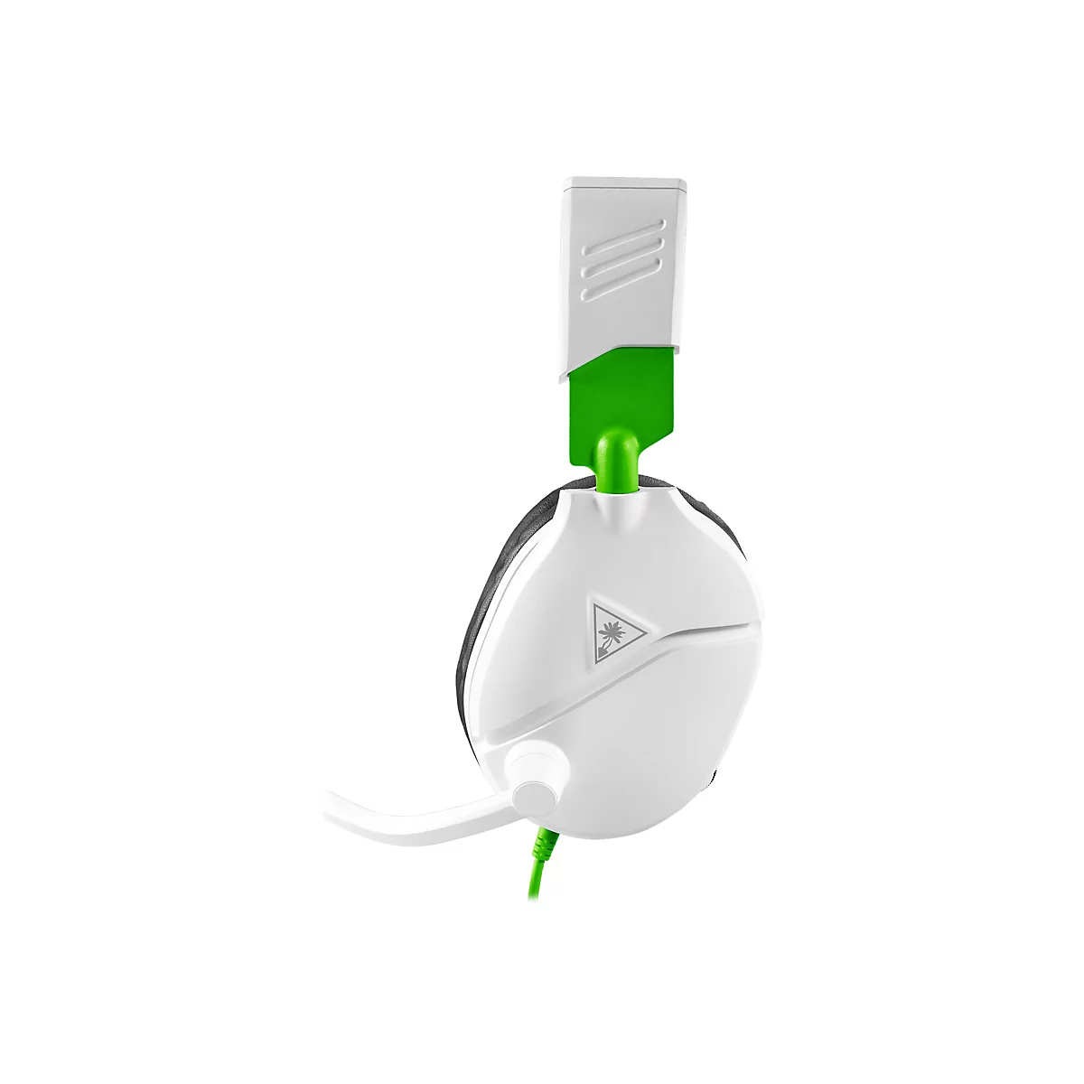 Ein weißes Gaming-Headset mit grünen Akzenten, im Detail mit Mikrofon und Kabel vor weißem Hintergrund. Der Kopfbügel hat grüne Details.