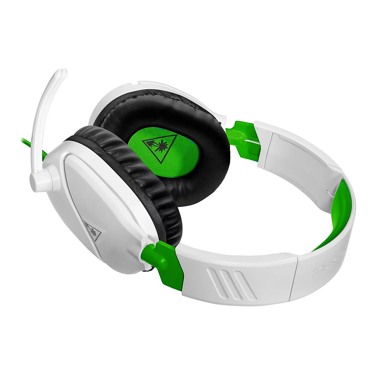 Ein weißes Gaming-Headset mit grünen Akzenten, schwarze Ohrpolster. Ein Mikrofon ist angebracht.