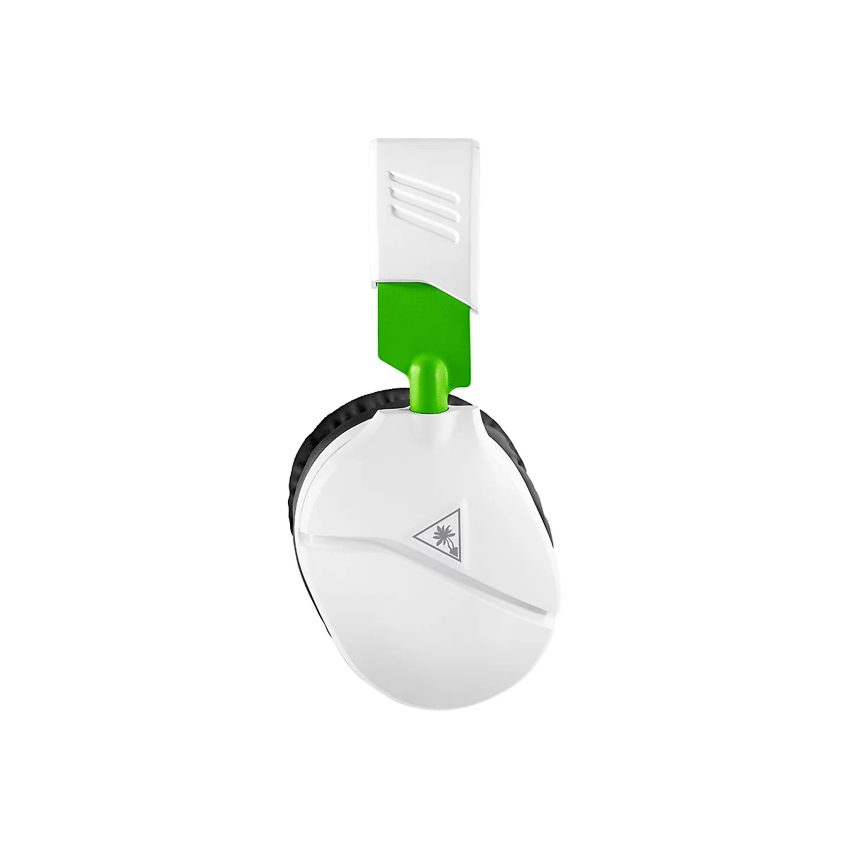 Weißes Gaming-Headset mit grünen Akzenten, das auf einem weißen Hintergrund steht. Das Headset zeigt das Logo mit einer Palme.