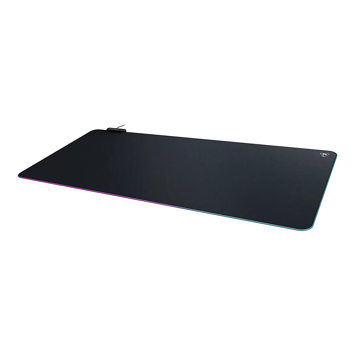 Schwarzes Gaming-Mauspad mit RGB-Beleuchtung am Rand.