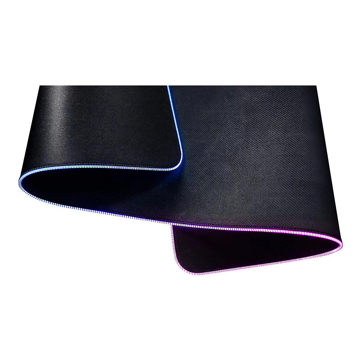 Un tapis de souris noir avec éclairage LED. Le bord est bordé de lumière bleue et rose.