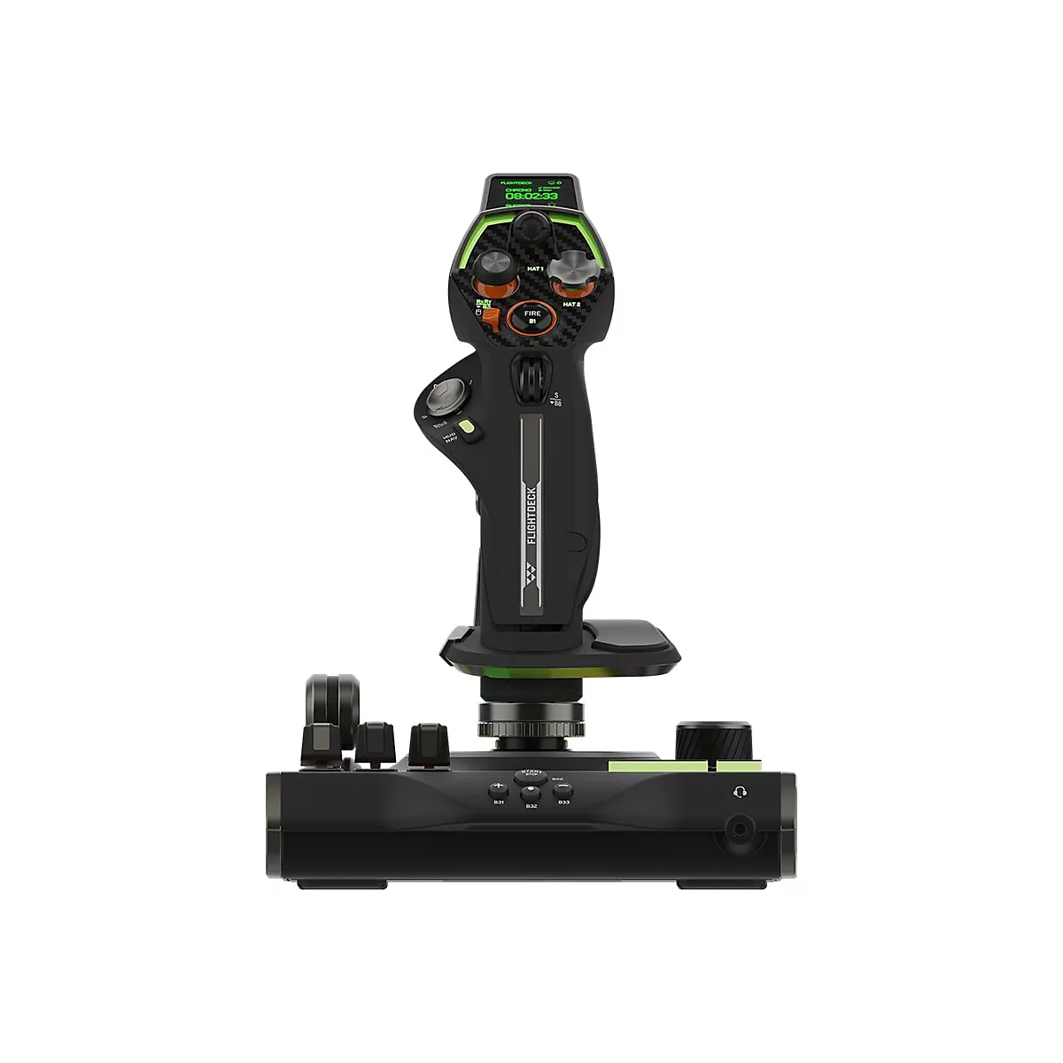 Manche à balai noir avec des accents verts. Boutons, écran et texte "FLIGHTDECK" sont visibles.