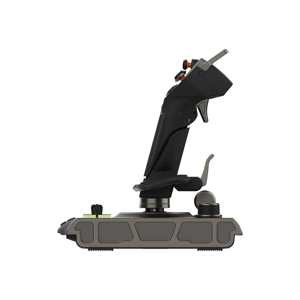 Un joystick noir avec des accents gris et orange sur fond blanc. Différents boutons, interrupteurs et une gâchette sont visibles.