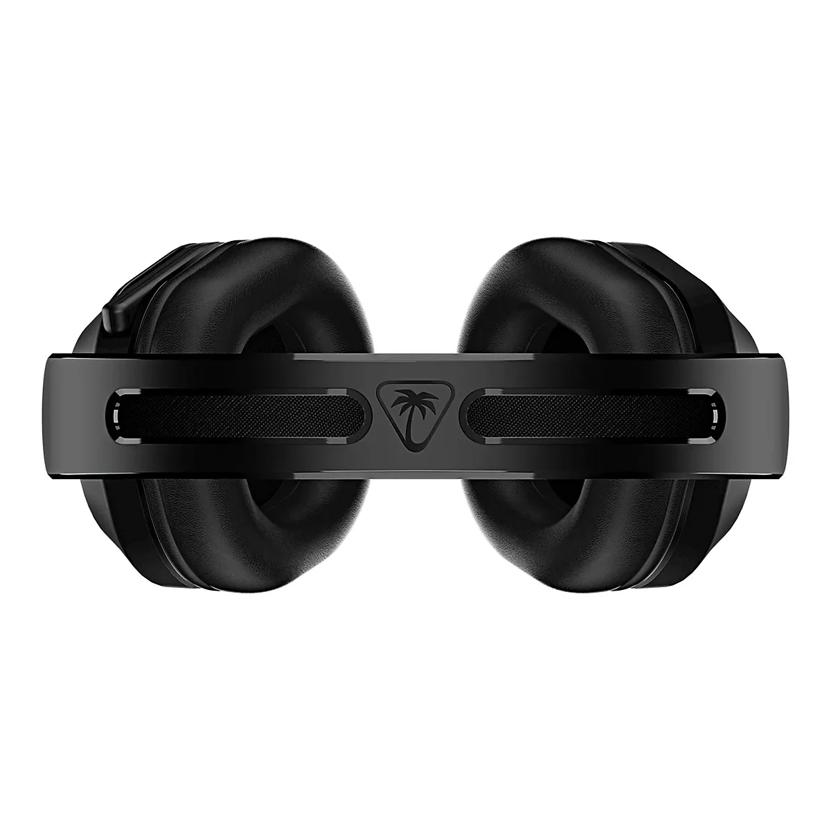 Casque noir, vue détaillée. Le bandeau affiche un logo et des détails.