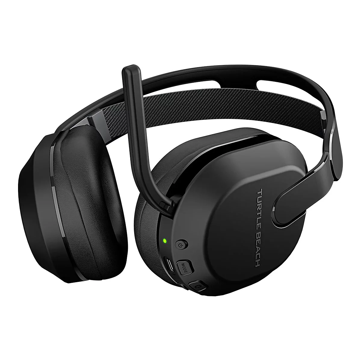 Schwarzes Gaming-Headset von Turtle Beach mit Mikrofon, Detailaufnahme.