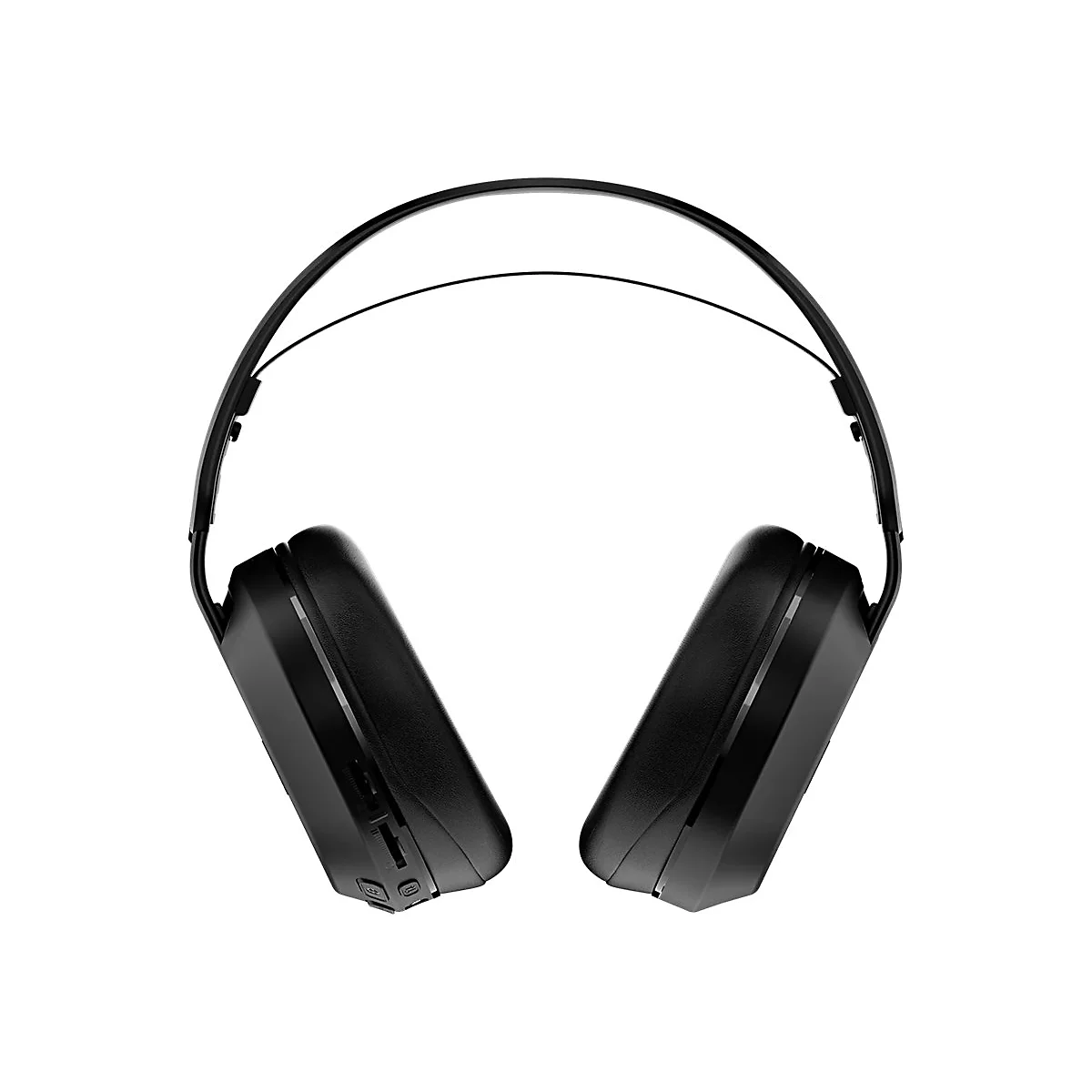 Casque noir, photographié de face. Deux oreillettes reliées par un serre-tête, sur fond blanc.