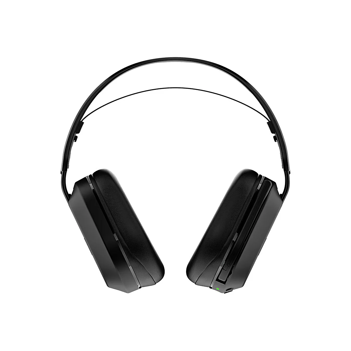 Casque noir, vue détaillée. L'arceau court en haut, les oreillettes sont rectangulaires et rembourrées.