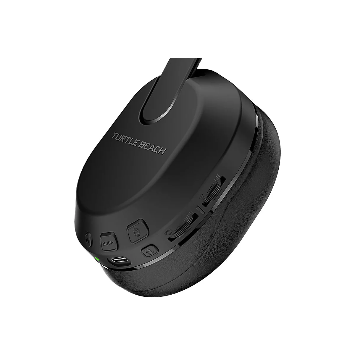 Schwarzer Turtle Beach Kopfhörer. Regler und Knöpfe sind sichtbar, "Turtle Beach" Schriftzug.