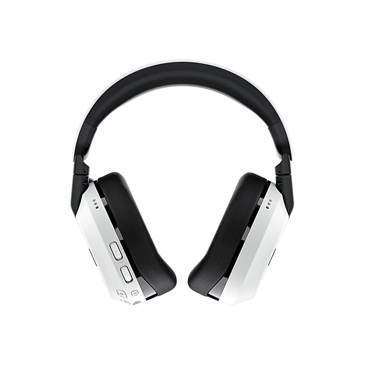 Draufsicht auf Kopfhörer in Weiß und Schwarz. Das Kopfband ist schwarz gepolstert, die Ohrmuscheln sind weiß mit Bedienelementen.