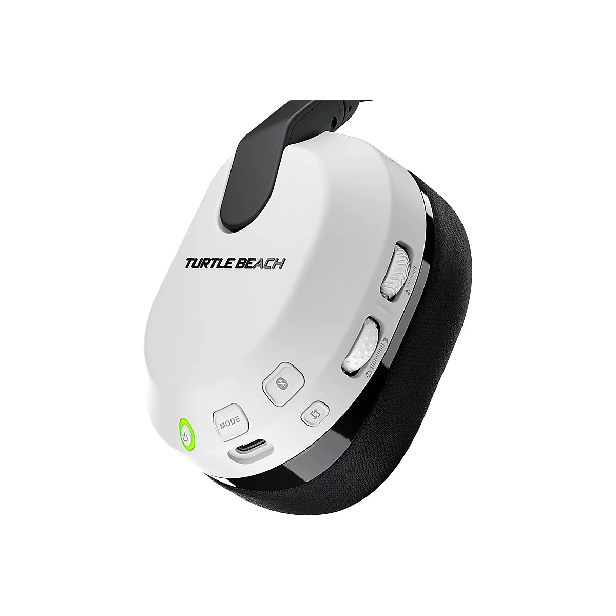 Weißes Gaming-Headset der Marke Turtle Beach. Es hat schwarze Ohrmuscheln und Bedienelemente.