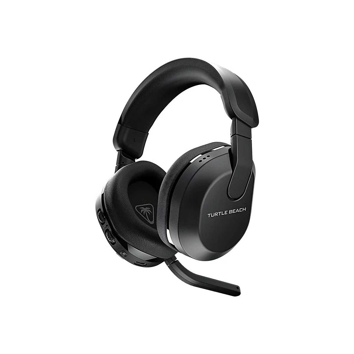Schwarzer Over-Ear-Kopfhörer mit Mikrofon, Logo "Turtle Beach" und seitlichen Bedienelementen.