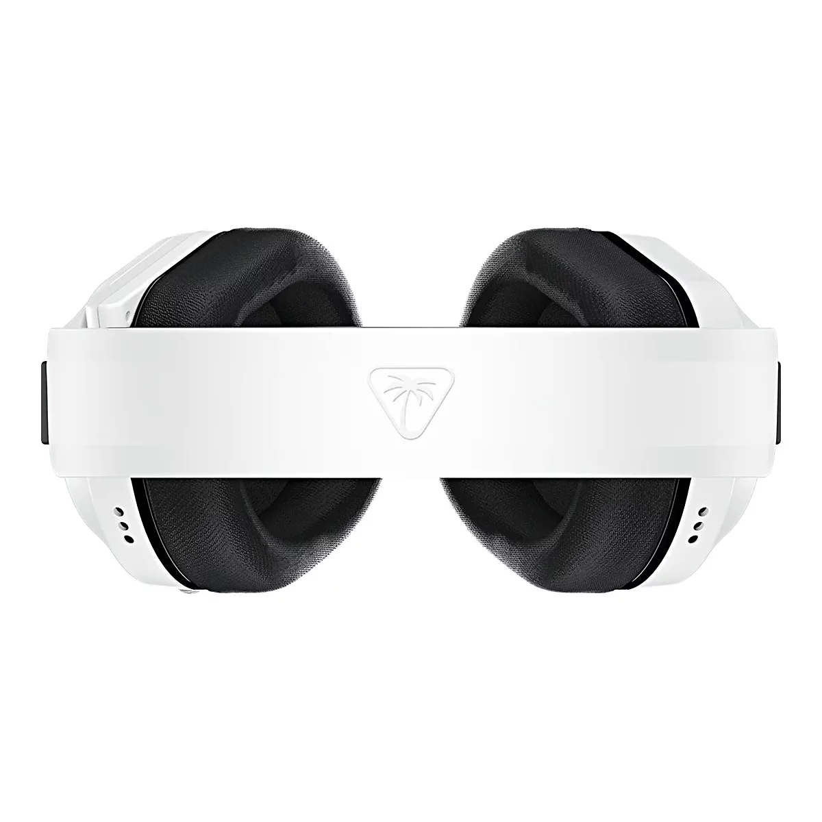 Draufsicht auf ein weißes Gaming-Headset mit schwarzen Ohrpolstern. Mittig befindet sich ein weißes Band mit Logo.