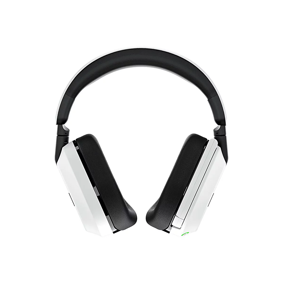 Draufsicht auf Kopfhörer in Weiß und Schwarz auf weißem Hintergrund.