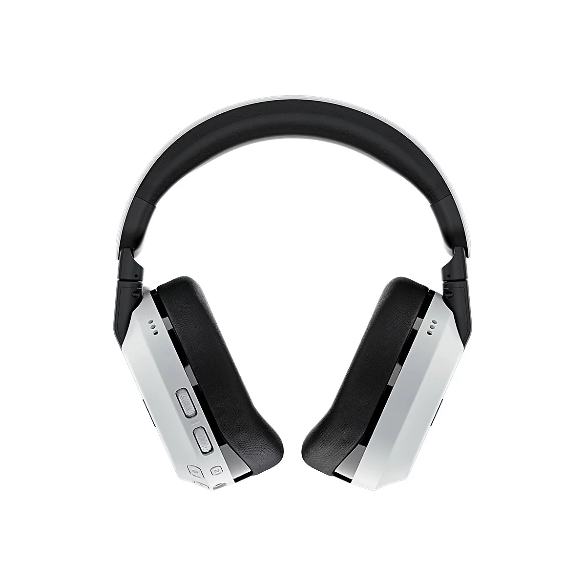 Draufsicht auf Kopfhörer in Weiß und Schwarz. Auf schwarzem Bügel, weiße Ohrmuscheln mit Bedienelementen.