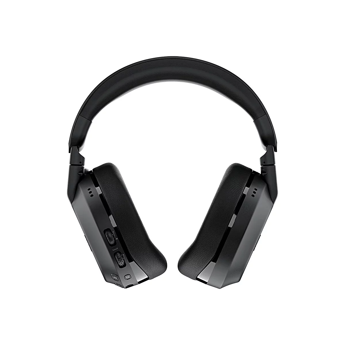 Schwarzer Over-Ear-Kopfhörer, der auf weißem Hintergrund schwebt. Der Kopfbügel ist gewölbt, die Ohrmuscheln eckig.