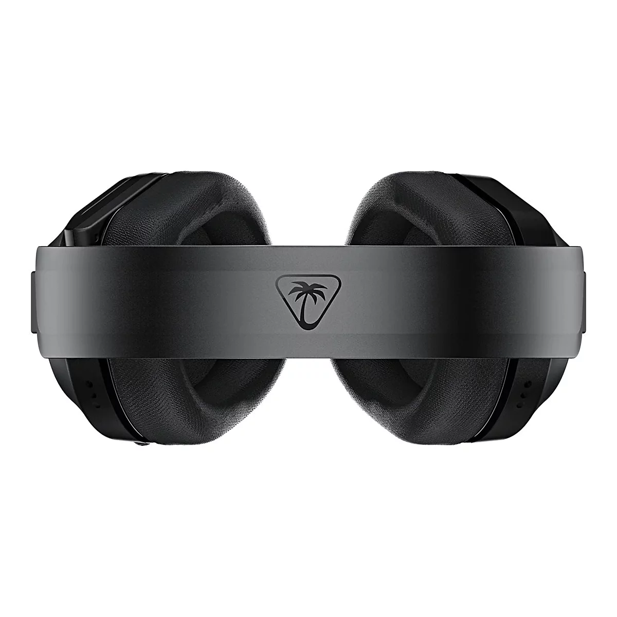 Schwarzes Gaming-Headset, Ansicht von oben. Gepolsterte Ohrmuscheln, graues Kopfband mit Logo.