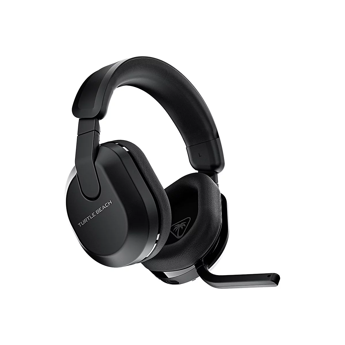 Schwarzes Gaming-Headset der Marke Turtle Beach mit Mikrofon, Detailaufnahme vor weißem Hintergrund.