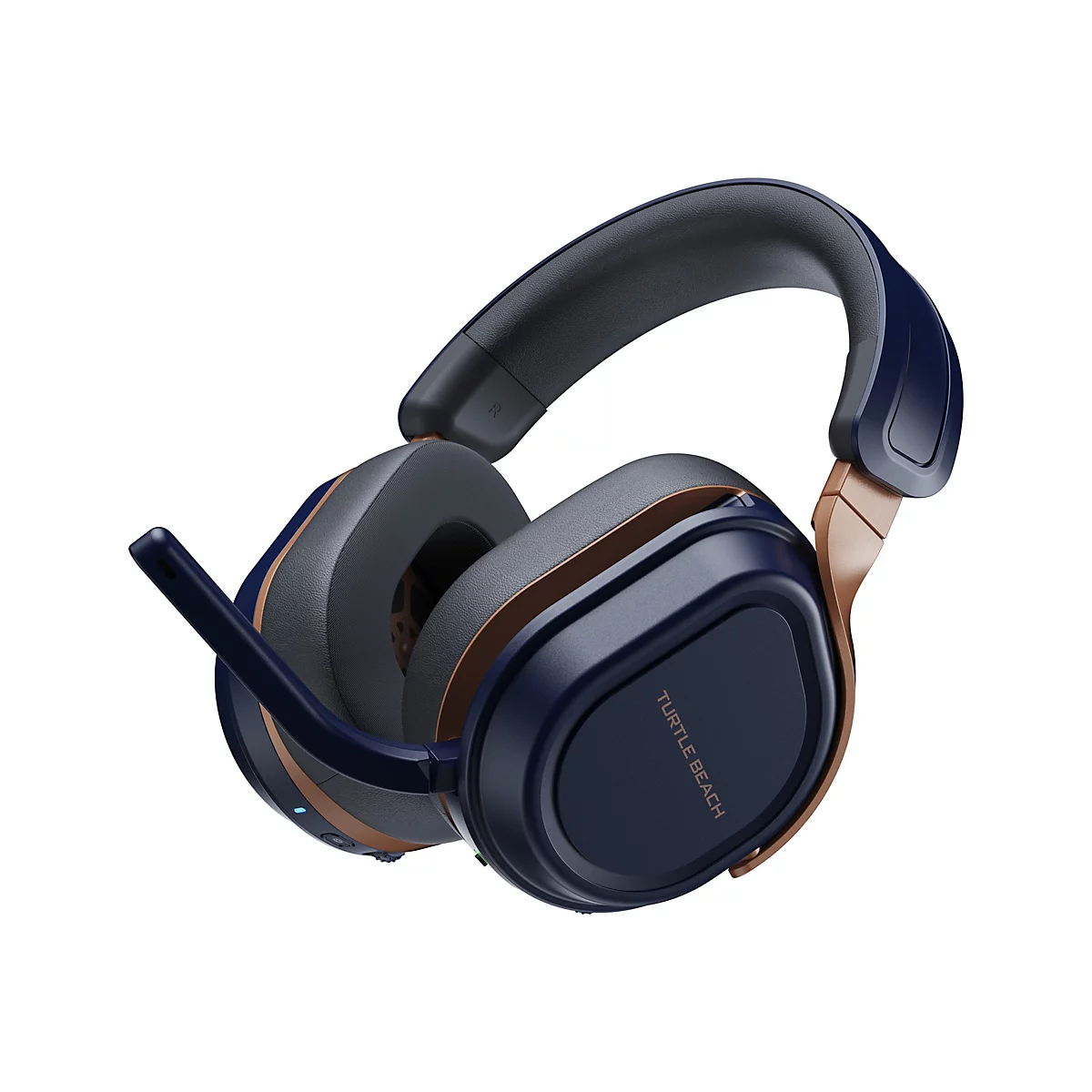Draufsicht auf ein blau-goldenes Gaming-Headset mit Mikrofon.