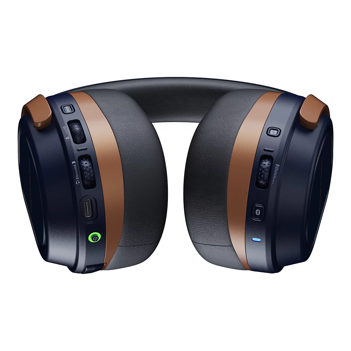 Draufsicht auf Kopfhörer in Blau und Gold. Auf den Ohrmuscheln befinden sich Tasten und Regler.