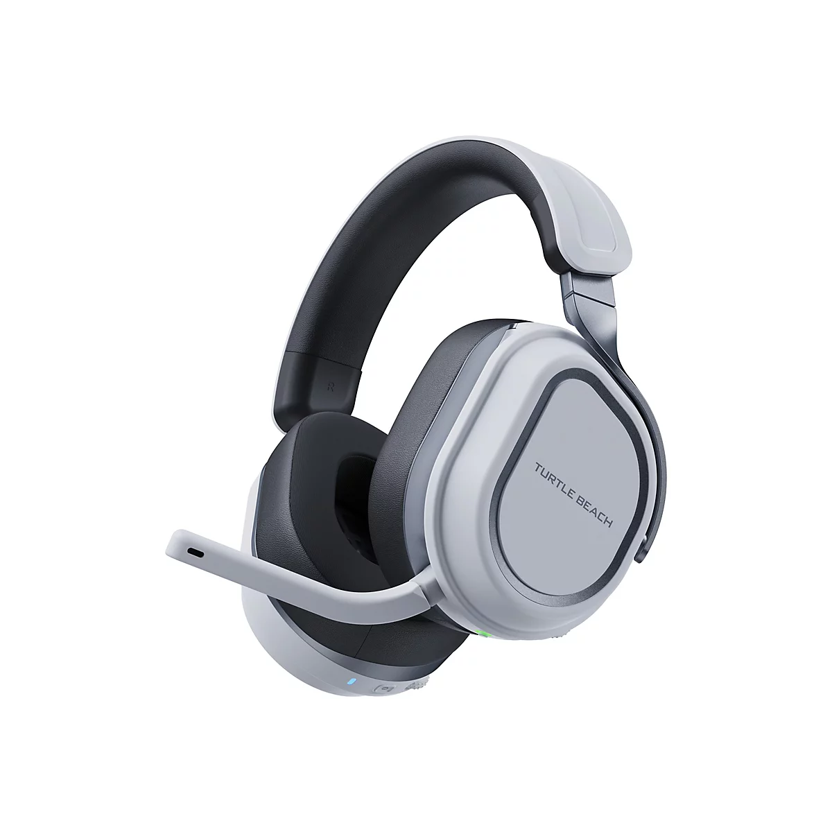 Hellgraues Gaming-Headset mit Mikrofon auf weißem Hintergrund. Der Schriftzug "Turtle Beach" ist auf dem Kopfhörer zu sehen.