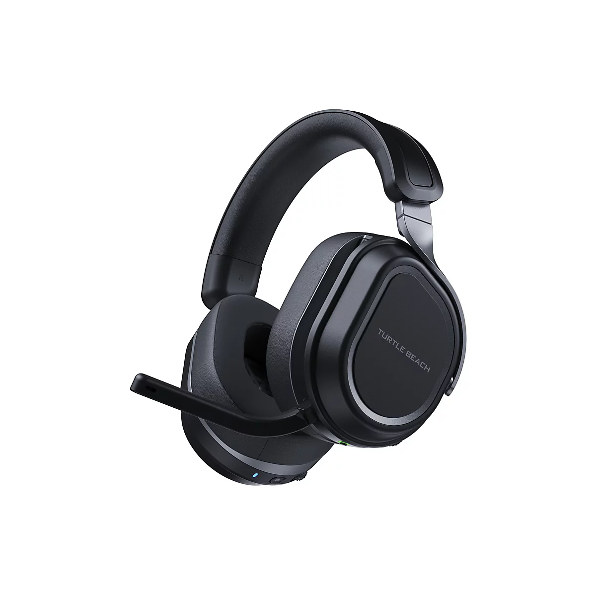 Schwarzes Gaming-Headset. Ohrmuscheln, Kopfbügel und Mikrofon sind zu sehen. Auf der Ohrmuschel steht "TURTLE BEACH".