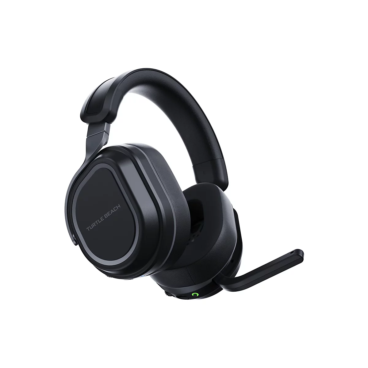 Schwarzes Turtle Beach Gaming-Headset, perspektivisch dargestellt, mit Mikrofonarm und der Aufschrift "TURTLE BEACH".