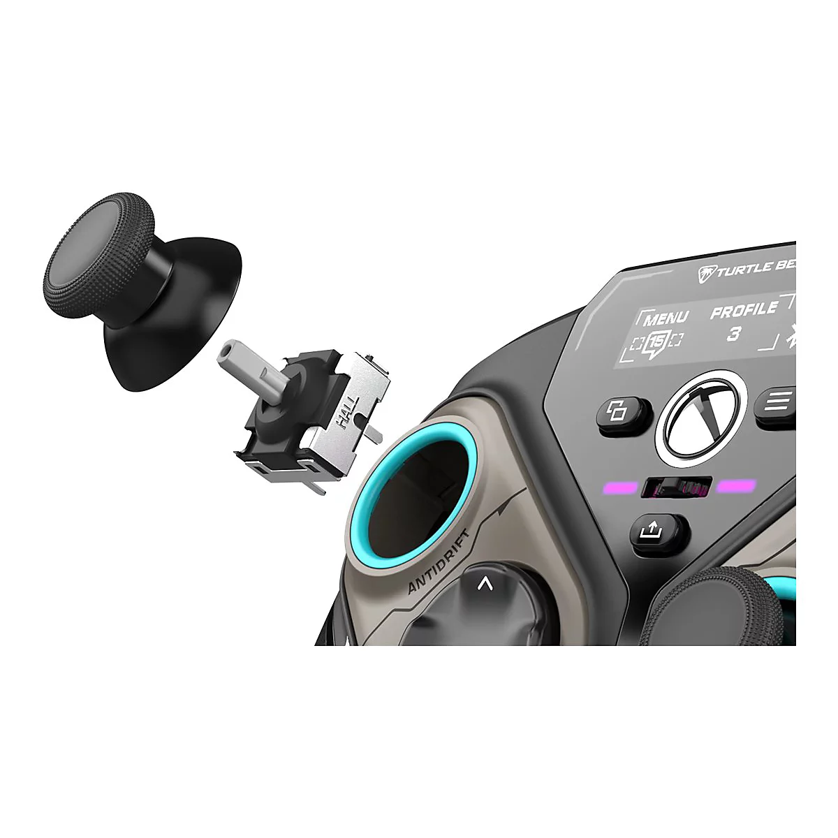 Detailaufnahme eines Gamecontrollers. Einzelne Teile sind abgebildet: der Joystick, der Hall-Sensor, das Gehäuse mit Knöpfen.